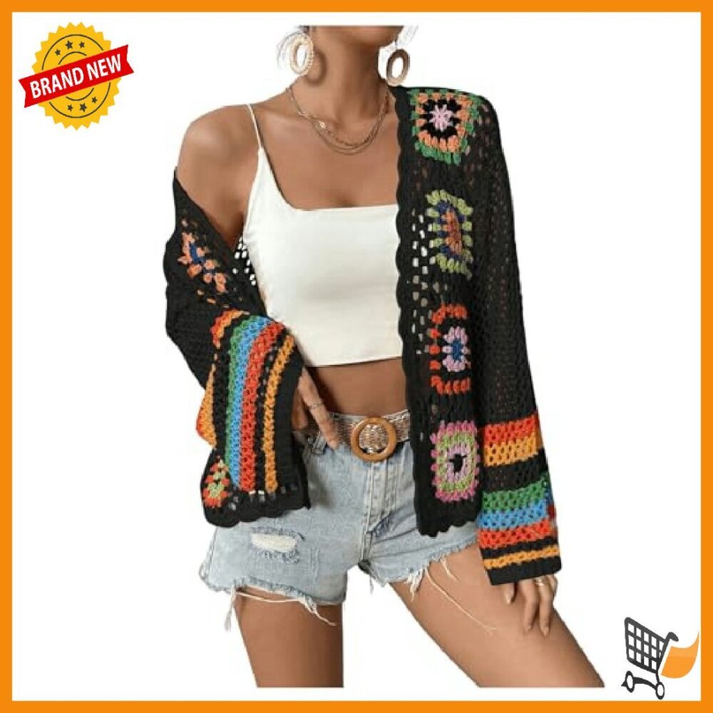 Floral Crochet Cardigan Long Sleeve Open Front Lightweight Sweater - Picture 5 of 7